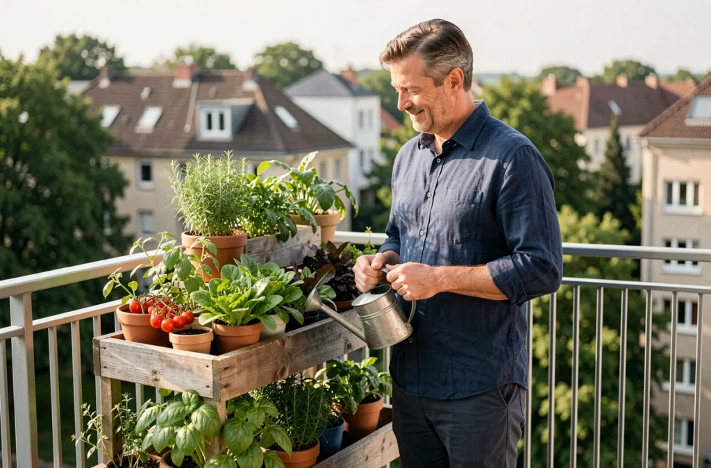 Homme entretenant son potager urbain sur un balcon moderne avec des jardinières étagées remplies de tomates, laitues et herbes aromatiques