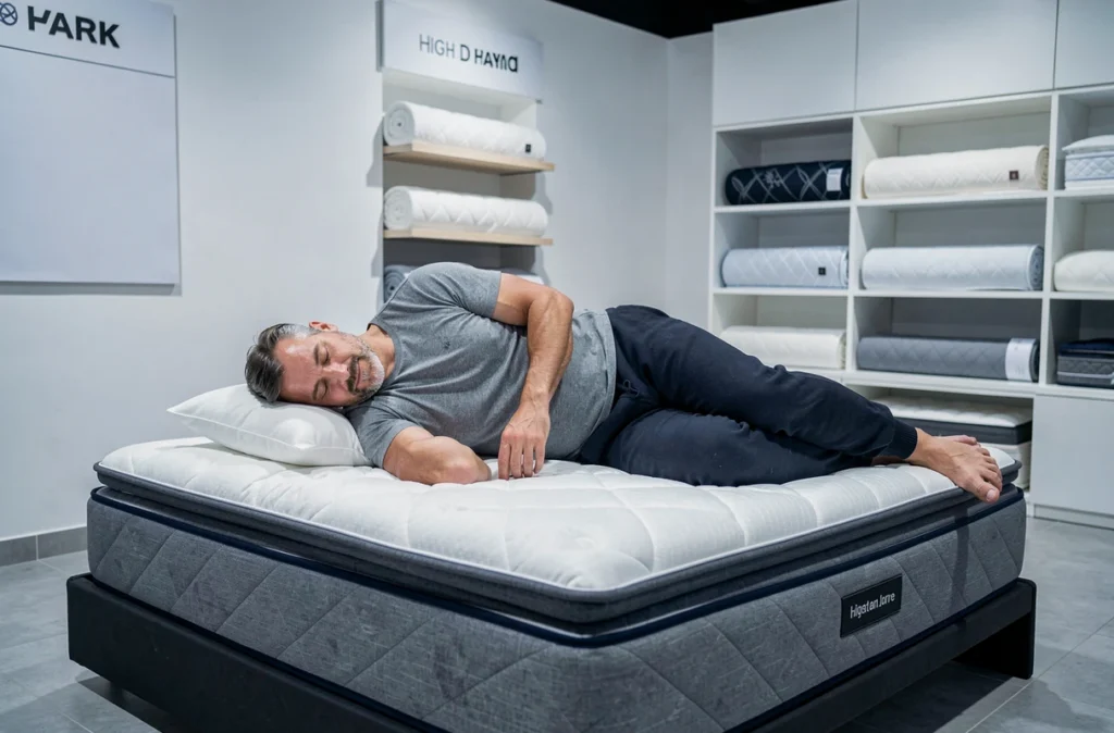 Homme allongé sur un matelas hybride dans un magasin de literie moderne testant le confort de couchage