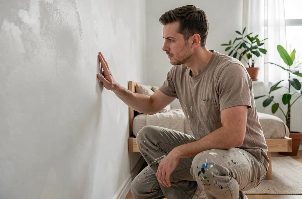 Homme inspectant la finition mate d'une peinture écologique minérale sur un mur de chambre scandinave
