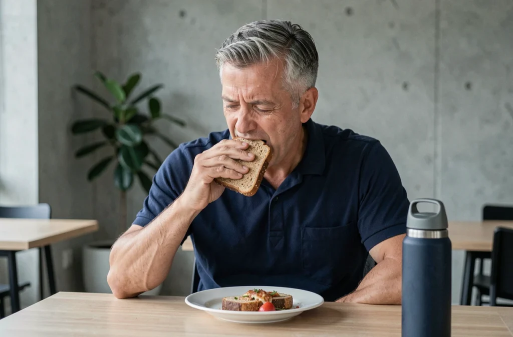 Homme mastiquant lentement son repas au bureau pour améliorer sa digestion