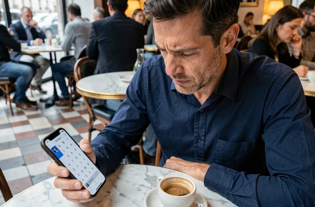 Homme concentré résolvant un puzzle de mots sur smartphone dans un café parisien