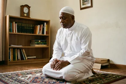 Homme musulman en prière sur un tapis de prière dans un appartement à Vénissieux, illustrant les horaires de prière selon le madhhab