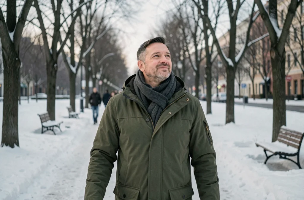 Homme marchant sereinement dans un parc urbain enneigé en hiver, profitant de la lumière naturelle extérieure pour améliorer son moral