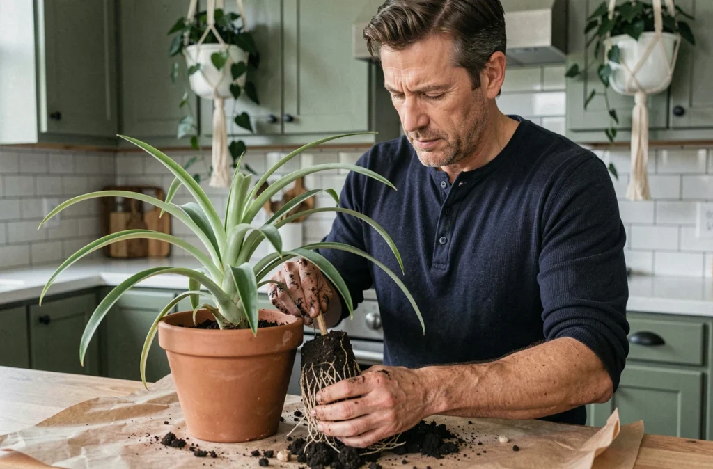 Homme en train de rempoter un chlorophytum dans une cuisine moderne avec des plantes purifiant l'air en arrière-plan