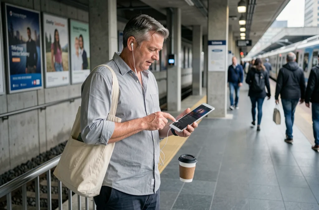 Homme d'âge mûr écoutant du streaming musical sur tablette sur un quai de gare en ville