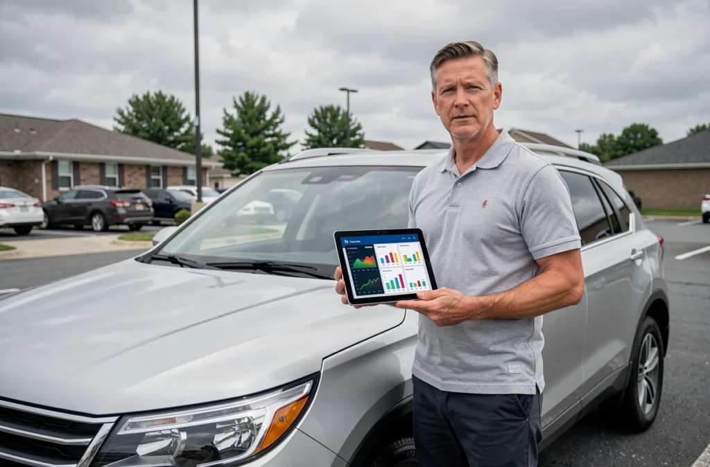 Homme debout près d'un SUV tenant une tablette affichant un tableau de bord télématique d'assurance auto