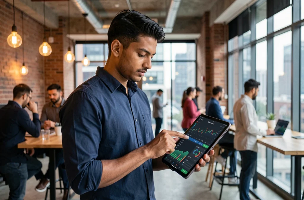 Jeune homme d'Asie du Sud consultant un tableau de bord financier numérique sur tablette dans un espace de coworking, illustrant l'innovation fintech pour l'accès aux services bancaires