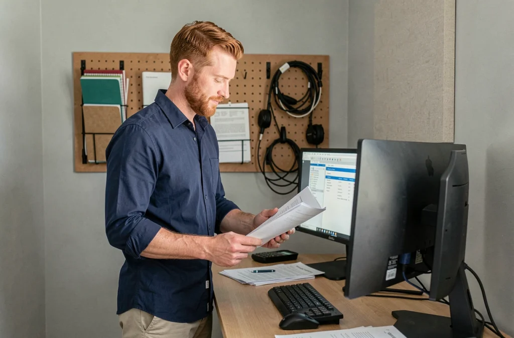 Homme en télétravail debout à son bureau double écran dans un bureau à domicile moderne et organisé
