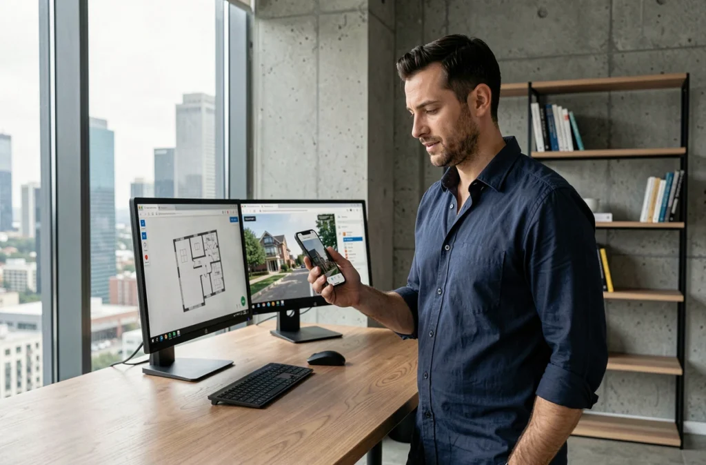 Homme utilisant une application immobilière en ligne dans un bureau moderne avec vue sur la ville