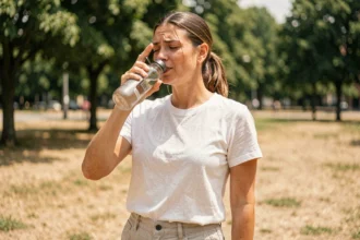 Femme qui boit de l'eau en bouteille réutilisable dans un parc en été pour se protéger de la chaleur