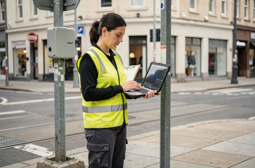 Ingénieure de voirie consultant les données d'un radar acoustique urbain installé sur la voie publique
