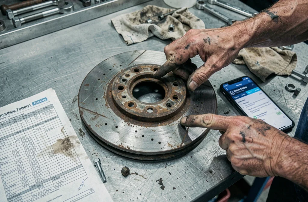 Gros plan sur les mains d'un mécanicien montrant une pièce usée et un rapport d'inspection détaillé sur un établi de garage
