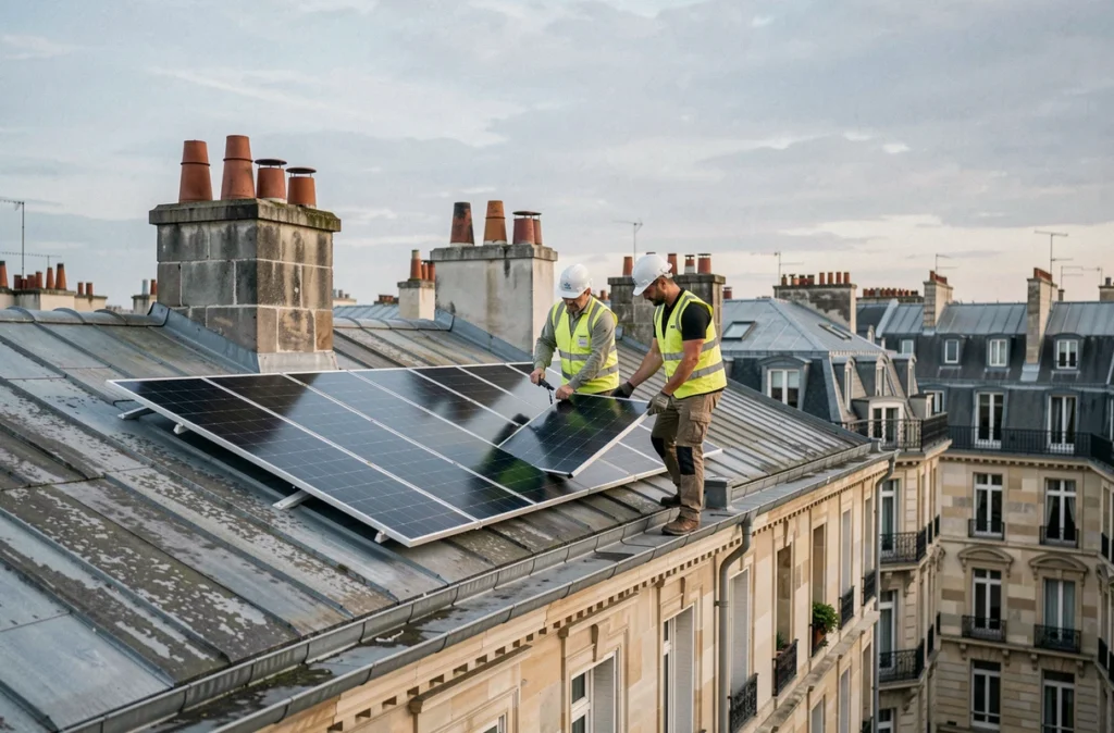 Ouvriers installant des panneaux solaires sur le toit d'un immeuble ancien en centre-ville lors d'une rénovation énergétique