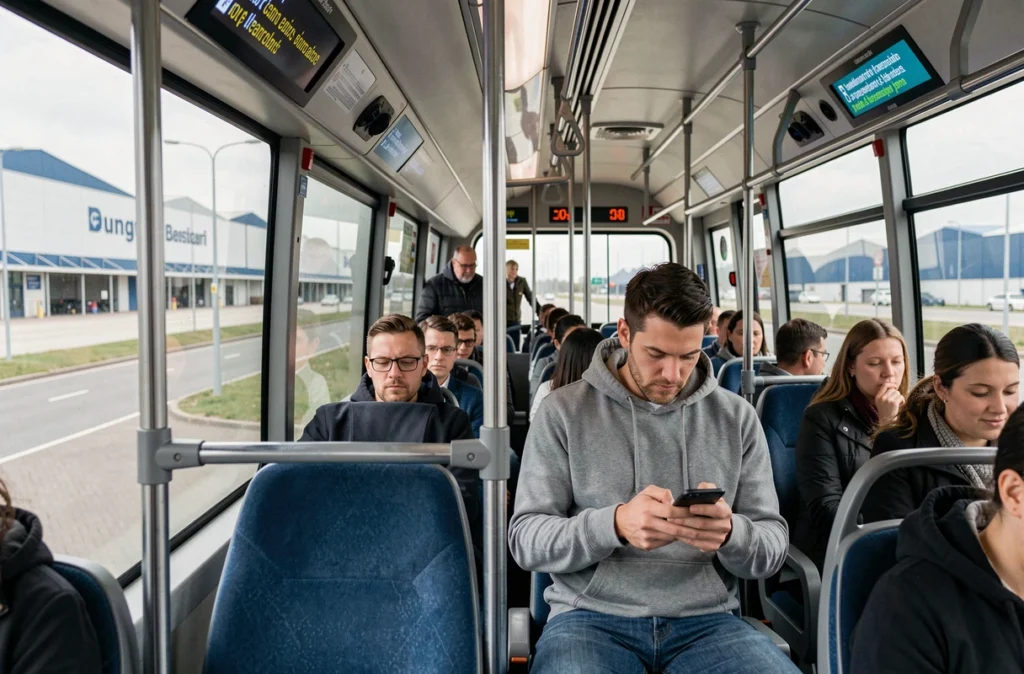 Intérieur du bus 192 avec passagers et vue sur les entrepôts de Rungis par la fenêtre