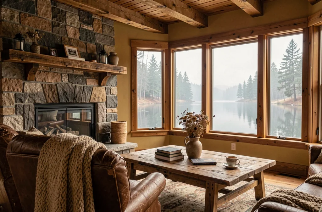Intérieur chaleureux d'une maison secondaire avec cheminée en pierre et vue sur un lac dans la forêt