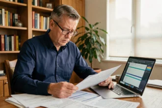 Investisseur immobilier analysant des documents fiscaux liés à la location meublée à son bureau à domicile