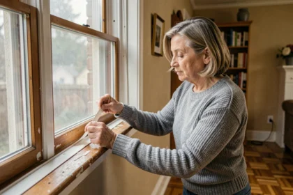 Femme appliquant un joint d'étanchéité mousse sur le cadre d'une fenêtre en bois pour améliorer l'isolation thermique