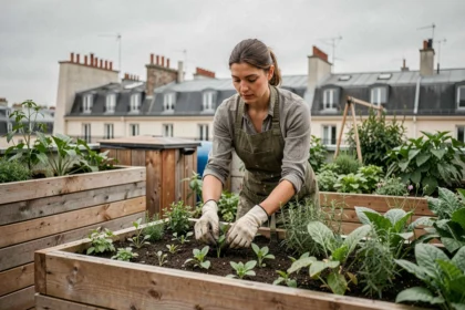 Femme jardinant dans un potager urbain sur un toit parisien, initiative écologique en ville