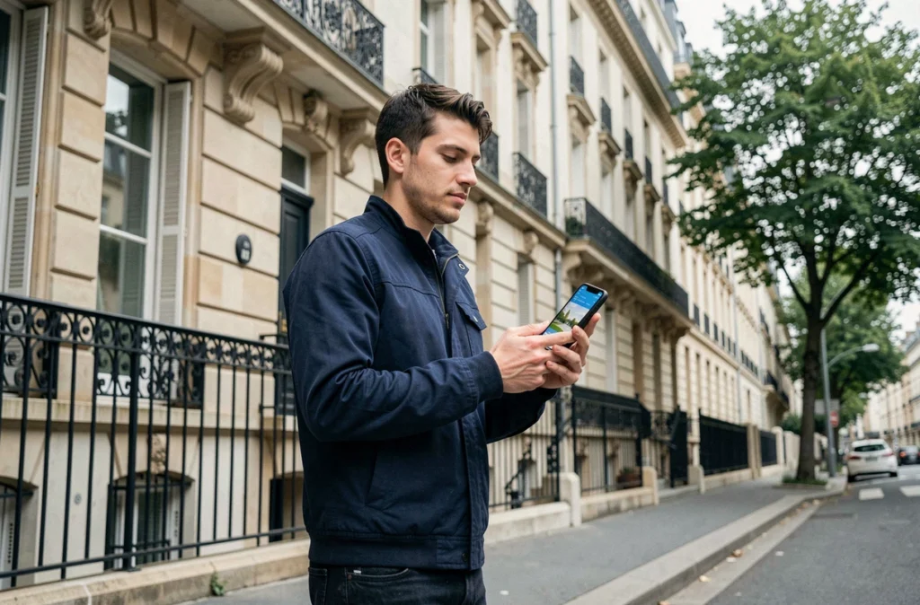 Jeune actif devant un immeuble résidentiel évaluant un bien pour un investissement locatif