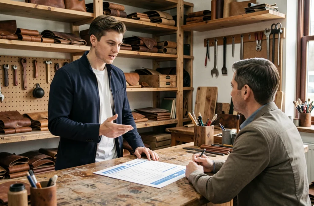 Jeune artisan entrepreneur en réunion avec un conseiller financier pour obtenir un microcrédit