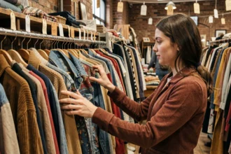 Jeune femme feuilletant des vêtements de seconde main dans une friperie vintage