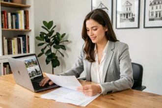 Jeune femme active consultant des documents immobiliers sur son bureau pour un investissement locatif