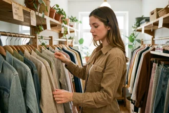 Jeune femme explorant des vêtements écoresponsables en lin dans une boutique vintage de seconde main
