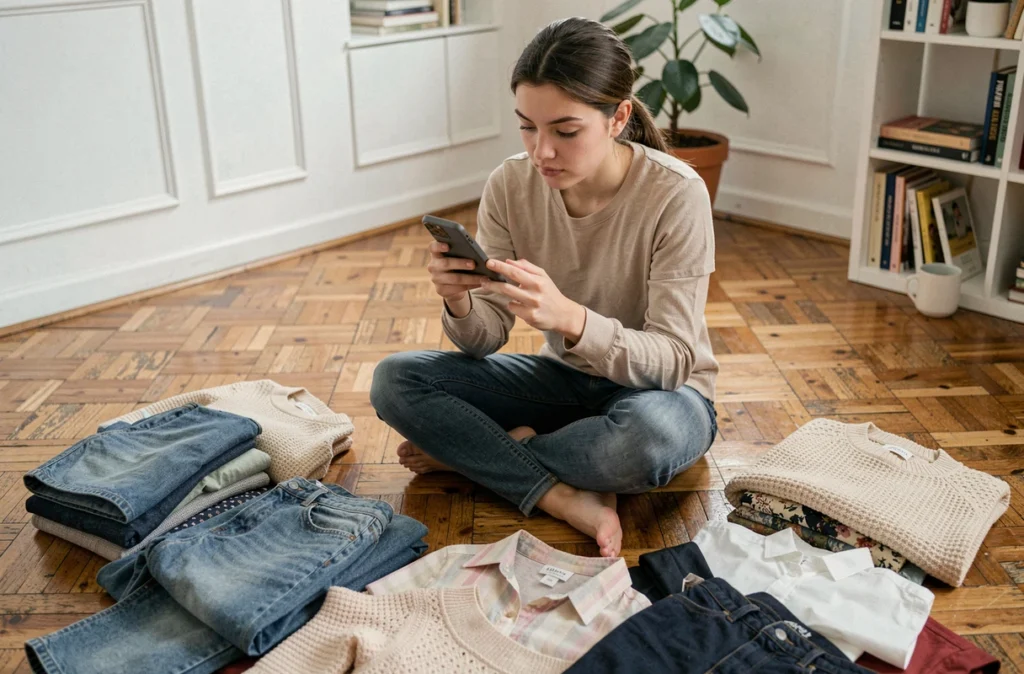 Jeune femme photographiant des vêtements de seconde main chez elle pour les revendre en ligne