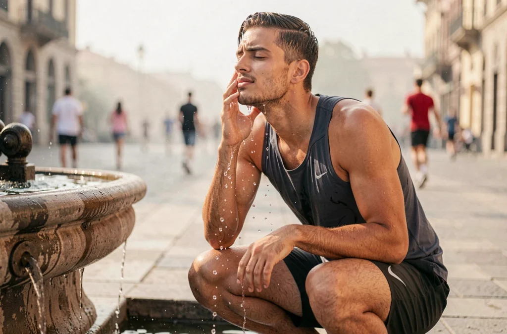 Jeune homme se rafraîchissant à une fontaine publique après un effort sportif en pleine canicule estivale