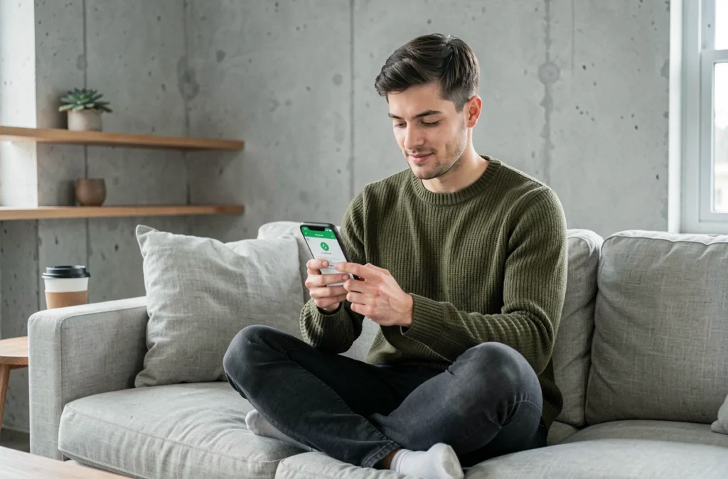 Jeune homme consulte une application d'investissement responsable sur smartphone