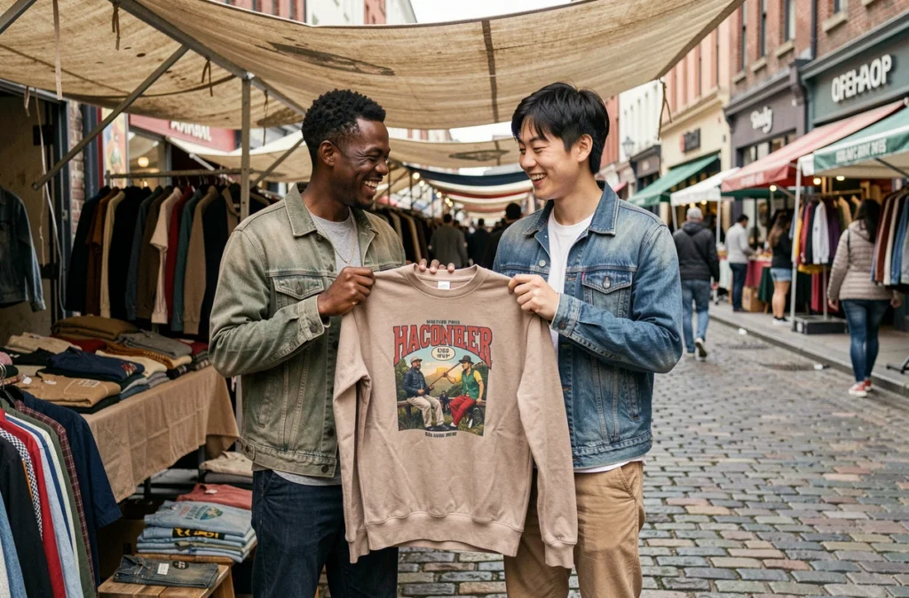 Deux jeunes hommes inspectant un sweat vintage dans un marché de vêtements d'occasion en plein air