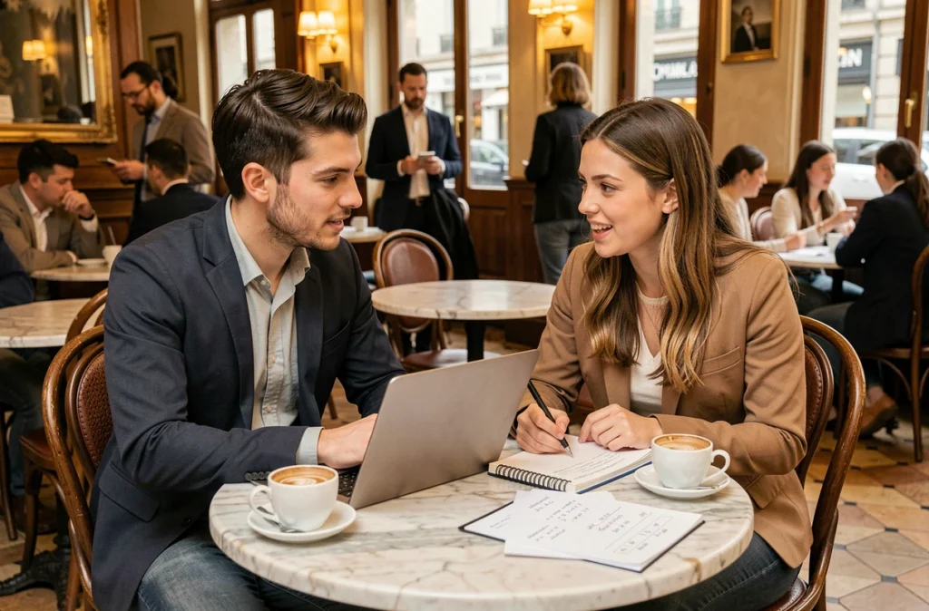 Deux jeunes professionnels discutant d'un projet d'investissement locatif autour d'un café