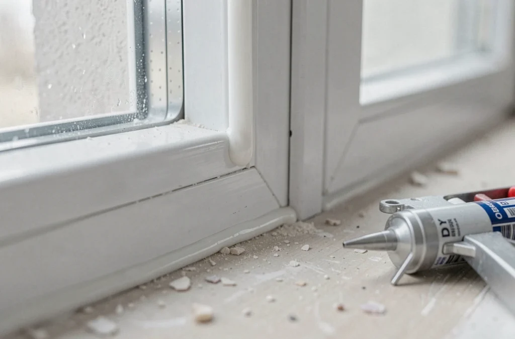Gros plan sur un joint silicone appliqué sur le cadre d'une fenêtre en PVC pour améliorer l'étanchéité à l'air et isoler efficacement