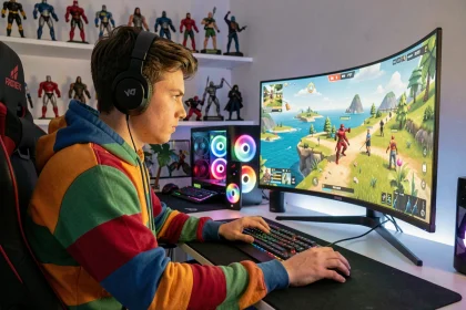 Joueur de Fortnite battle royale concentré devant son écran avec un setup gaming RGB coloré