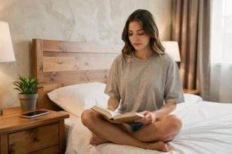 Jeune femme posant son téléphone avant de dormir, assise sur un lit aux draps blancs dans une chambre chaleureuse