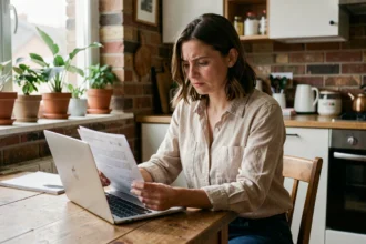 Locataire consultant son contrat d'assurance habitation sur un ordinateur portable dans une cuisine moderne