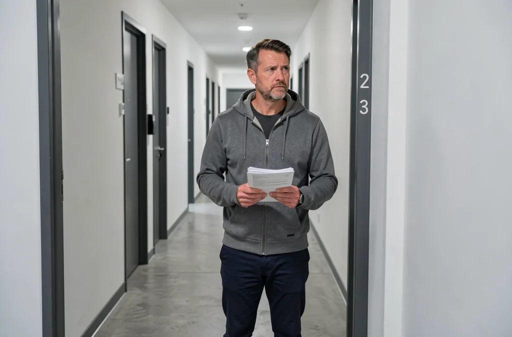Locataire tenant des documents d'assurance habitation dans le couloir d'un immeuble résidentiel urbain