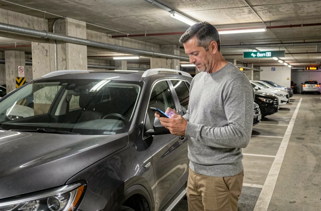 Homme utilisant une application mobile pour louer une voiture entre particuliers dans un parking urbain souterrain