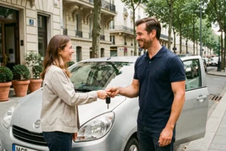 Échange de clés de voiture entre particuliers sur un trottoir parisien, location entre particuliers en ville