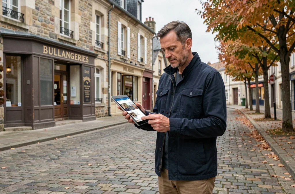 Un homme consulte un magazine numérique sur tablette dans une place de ville de province française, illustrant le lien entre une plateforme éditoriale en ligne et les territoires locaux.