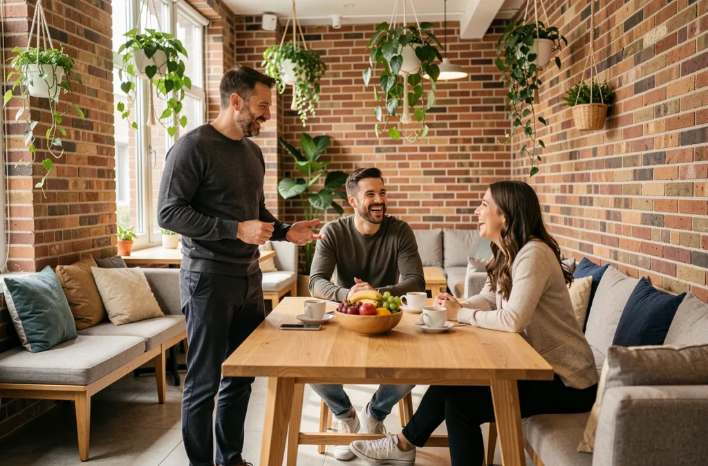Manager bienveillant échangeant avec ses collaborateurs dans un espace de pause moderne axé sur le bien-être en entreprise