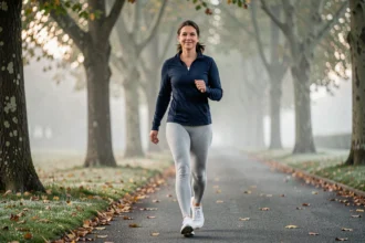 Femme de 40 ans marchant d'un pas vif sur une allée arborée au petit matin pour améliorer son sommeil