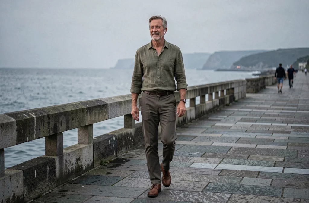 Homme senior marchant sur une promenade côtière au crépuscule pour favoriser un meilleur sommeil naturel