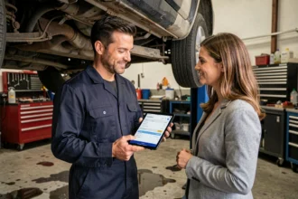 Mécanicien indépendant présentant un devis numérique transparent à une cliente dans un garage automobile authentique