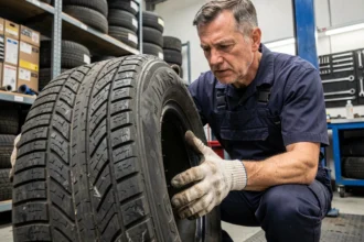 Mécanicien inspectant un pneu quatre saisons dans un garage automobile professionnel