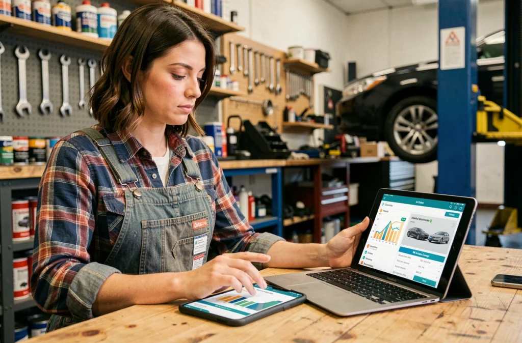 Mécanicienne utilisant une application de gestion d'entretien sur tablette et smartphone dans un atelier automobile professionnel