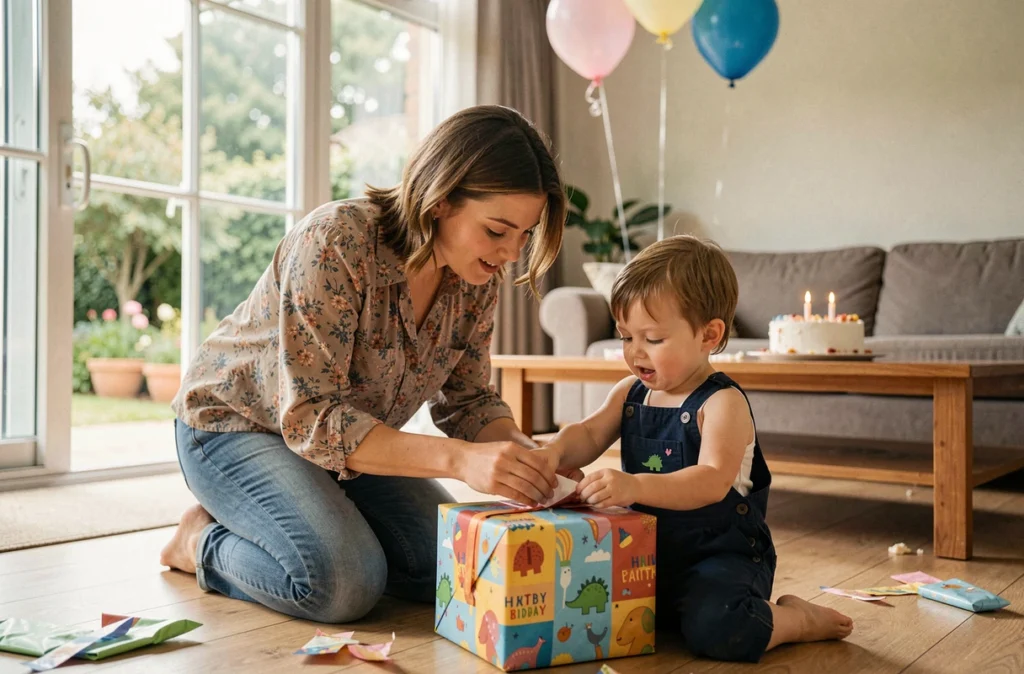 Mère et son petit garçon de 2 ans déballant ensemble un cadeau d'anniversaire coloré dans un salon décoré pour une fête d'enfants
