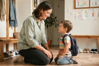 Mère aidant son enfant à enfiler son sac à dos avant la première rentrée en maternelle