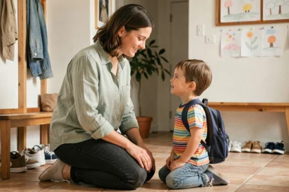 Mère aidant son enfant à enfiler son sac à dos avant la première rentrée en maternelle