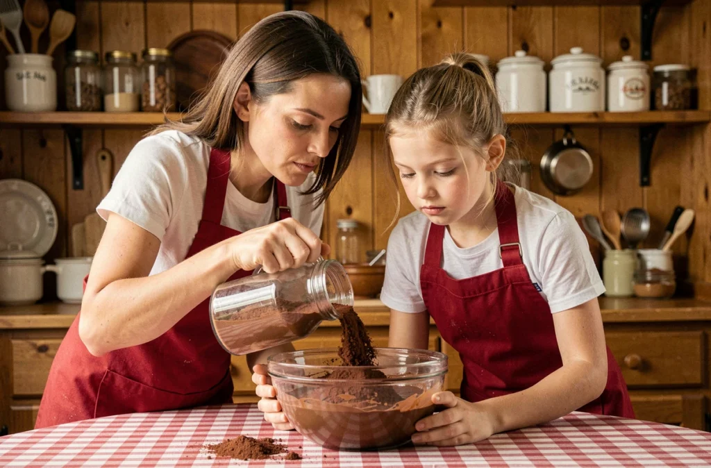 Mère et fille en tabliers rouges assortis préparant ensemble une pâte à gâteau au chocolat dans une cuisine chaleureuse